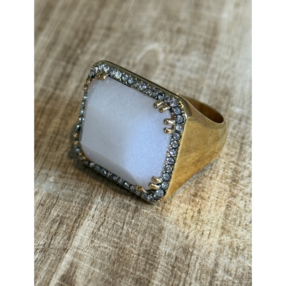Gold Tone Square‎ White Stone Ring Rhinestone Halo Statement Size 8